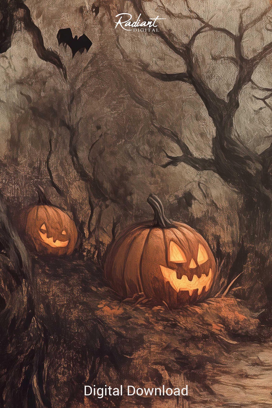 Haunted Spooky Forest Path Jack O Lanterns Bats Halloween Poster - Image 3