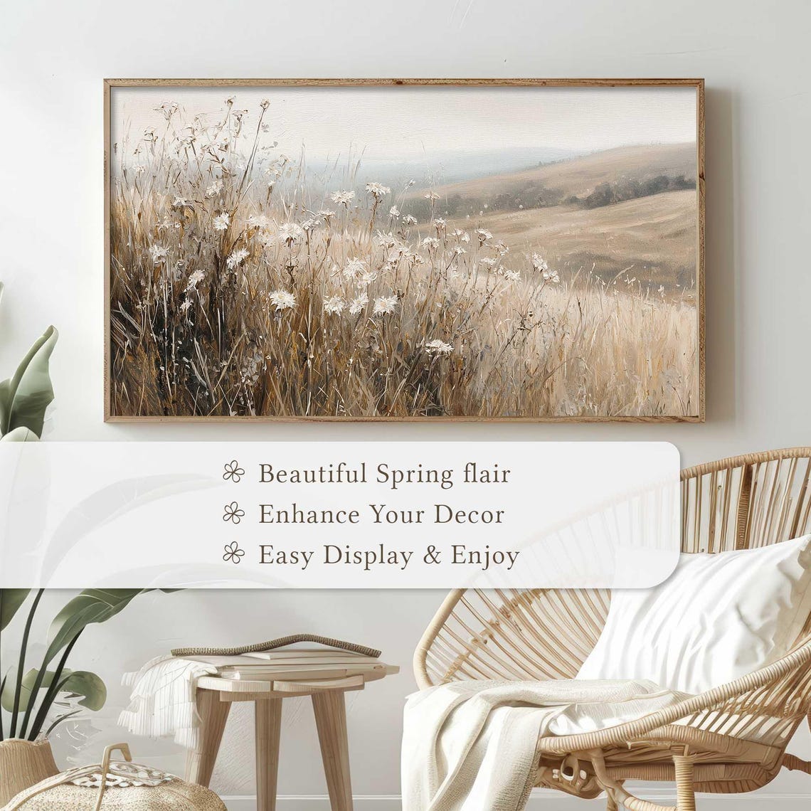 Neutral Wildflower Field Tall Grasses Misty Hills Rustic Wall Art - Image 4
