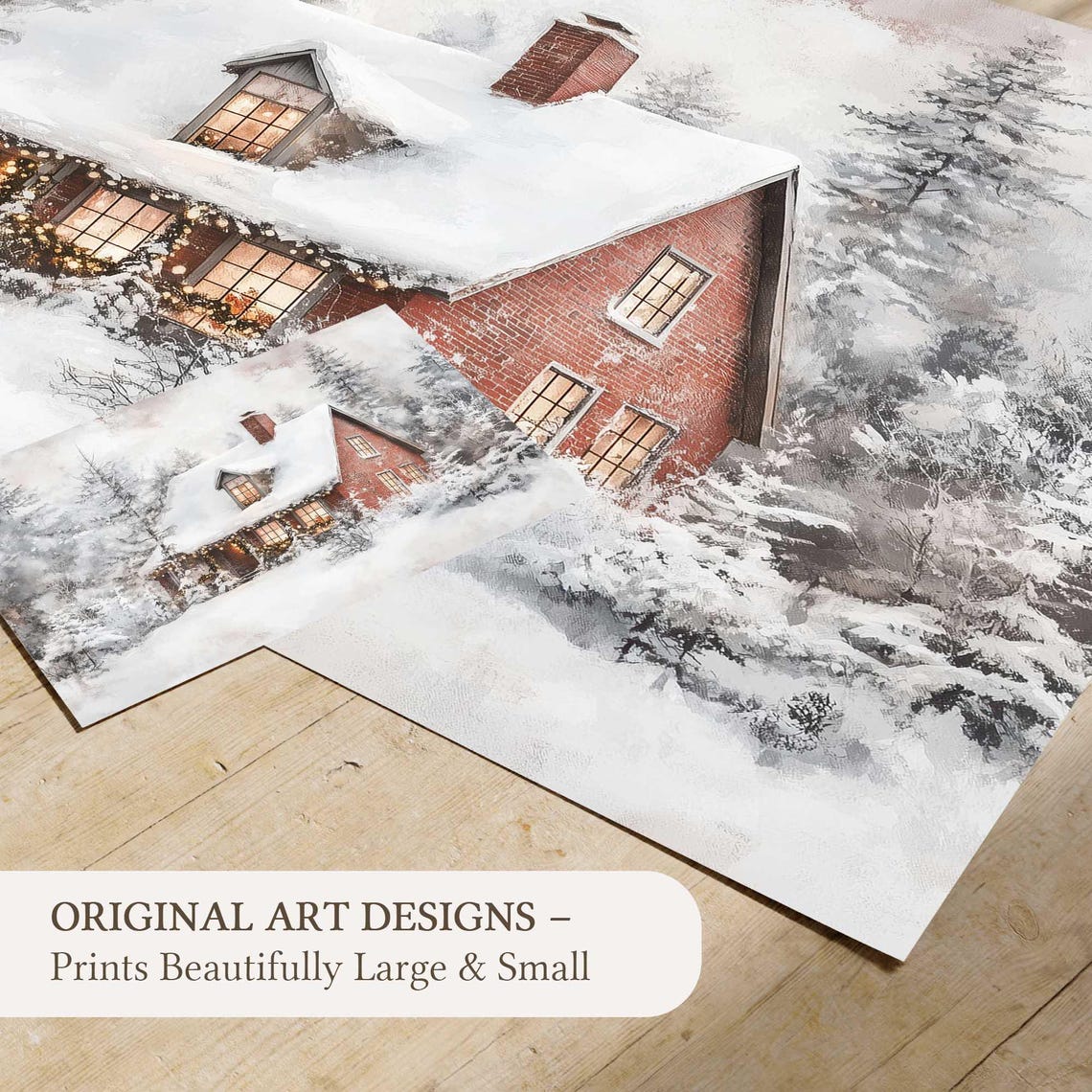 Snowy Red Brick Cottage Glowing Windows Cozy Winter Cabin Wall Art - Image 4