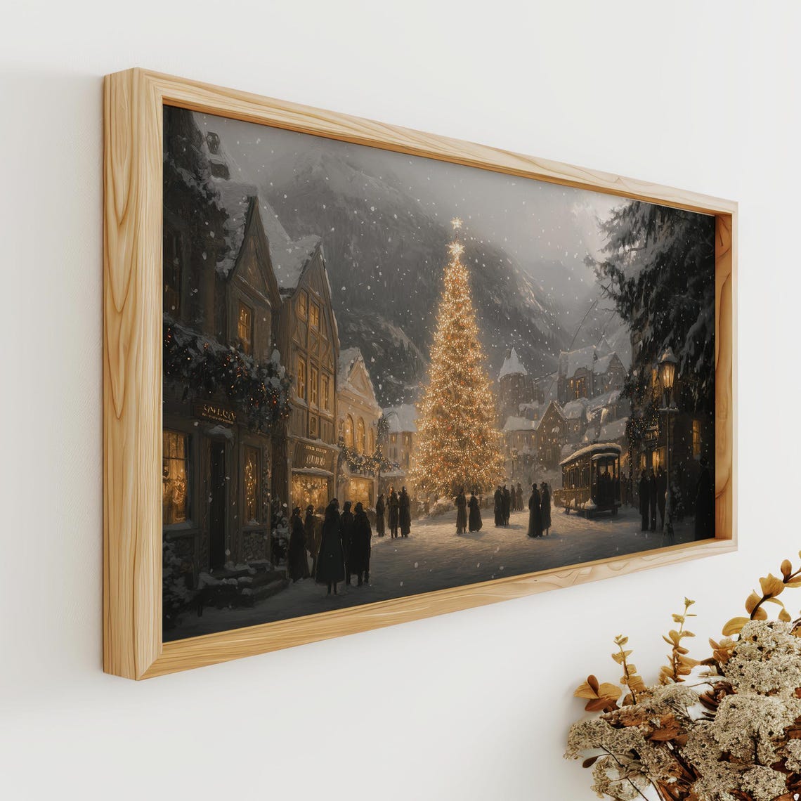 Alpine Christmas Town Night Streetcar Scene and Falling Snow Poster - Image 4