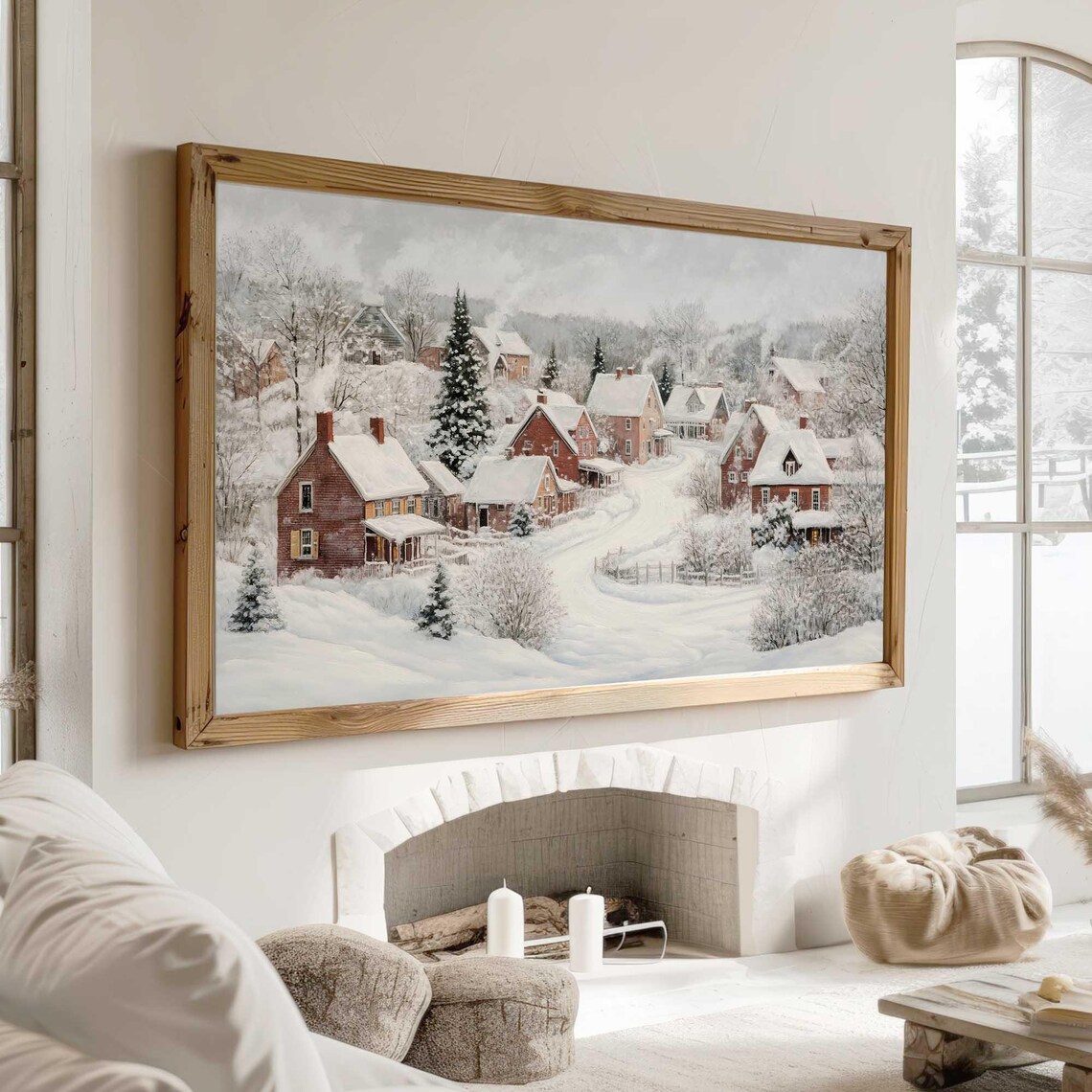 Vintage Snowy Farmhouse Village Red Brick Homes Winter Wall Art - Image 4