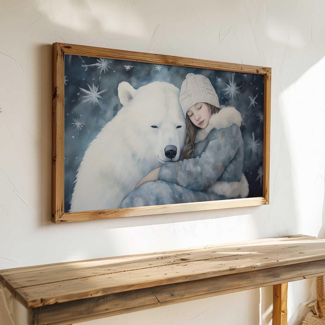 Girl Hugging Polar Bear Snowy Winter Night Watercolor Art Poster - Image 3