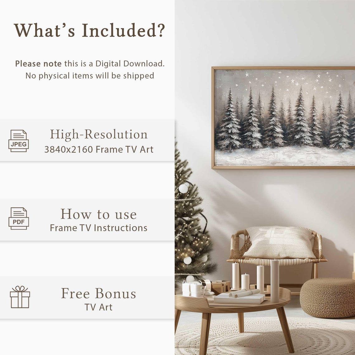 Minimalist Snowy Pine Trees White Stars Winter Night Wall Art - Image 5
