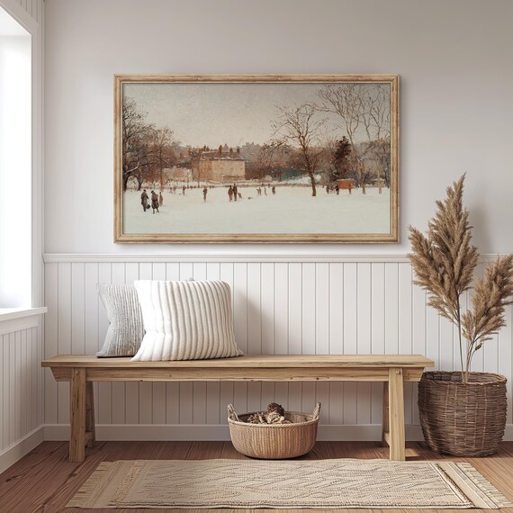 Snowy Park with Skaters among Bare Trees near Manor House Poster