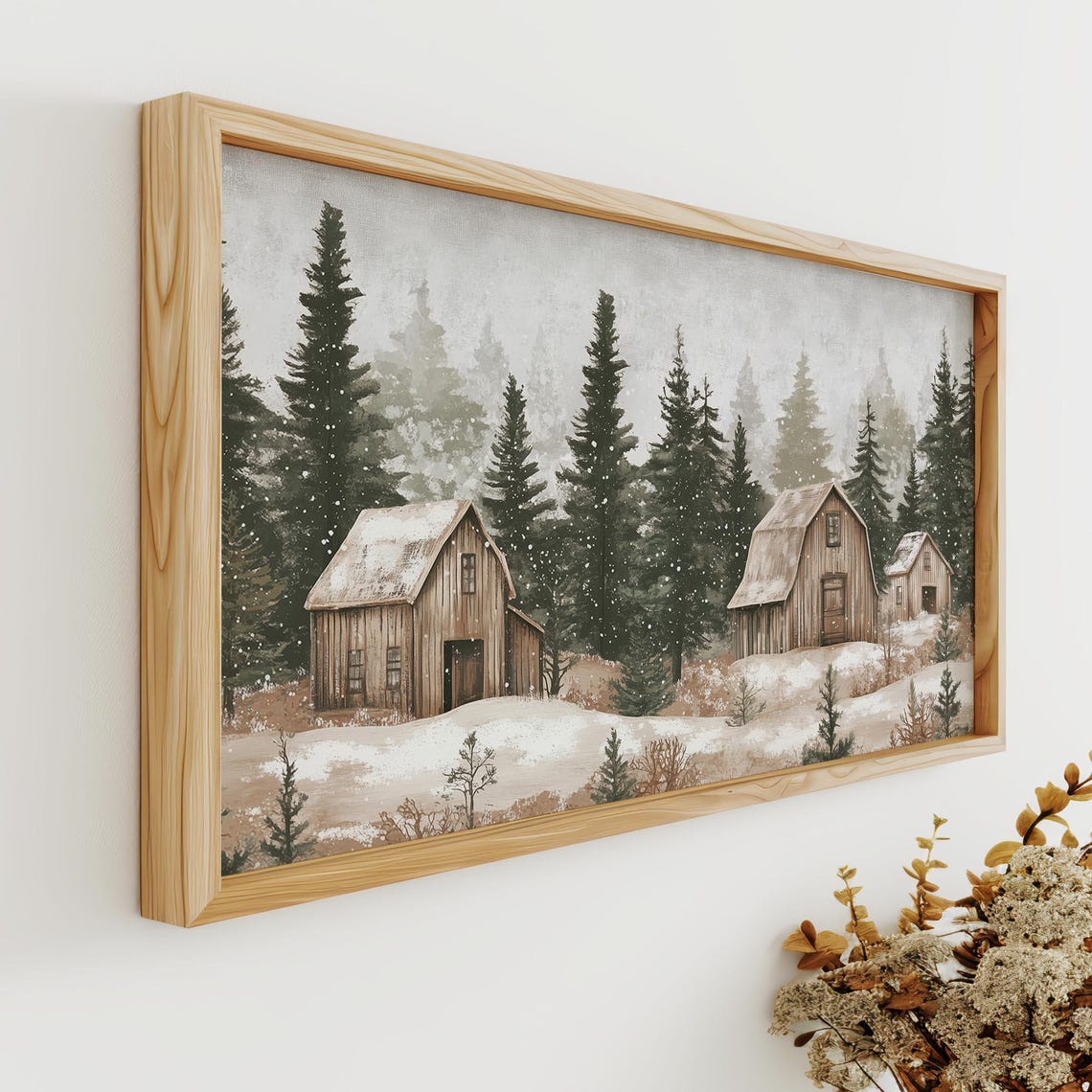 Rustic Barns in Snowy Pine Forest Winter Farmhouse Watercolor Poster - Image 5