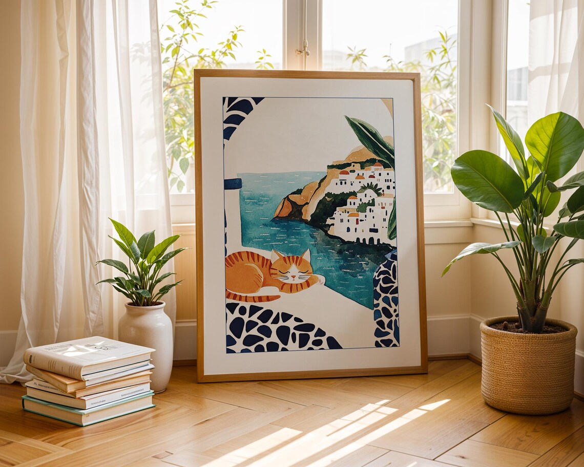 Santorini Cat, Boho Mediterranean Travel Poster