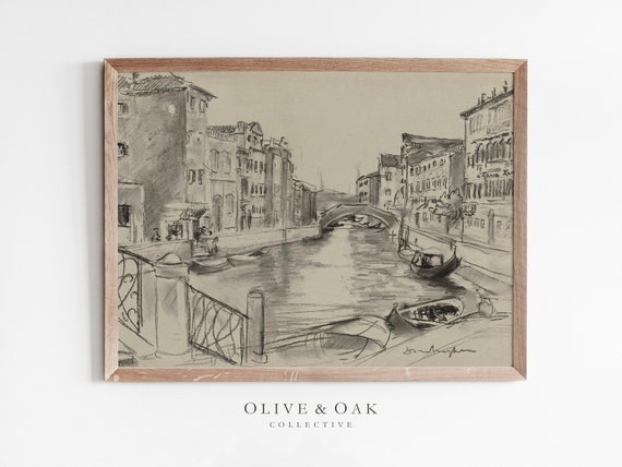 Vintage Venice Canal Drawing, Antique Cityscape Print