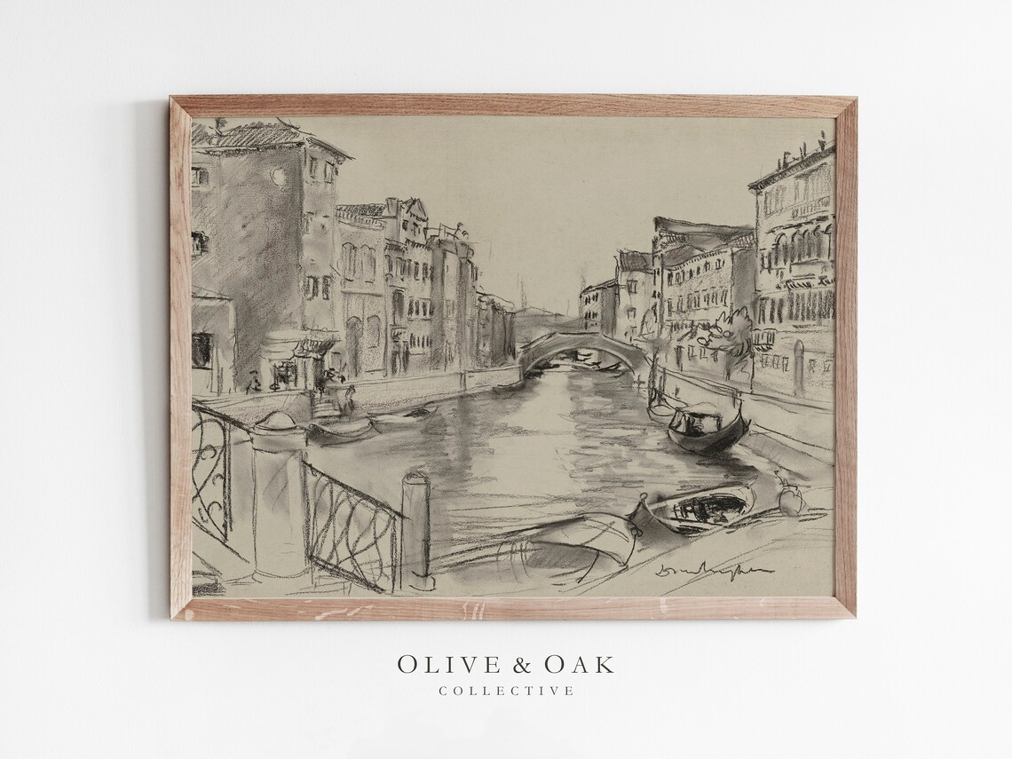 Vintage Venice Canal Drawing, Antique Cityscape Print