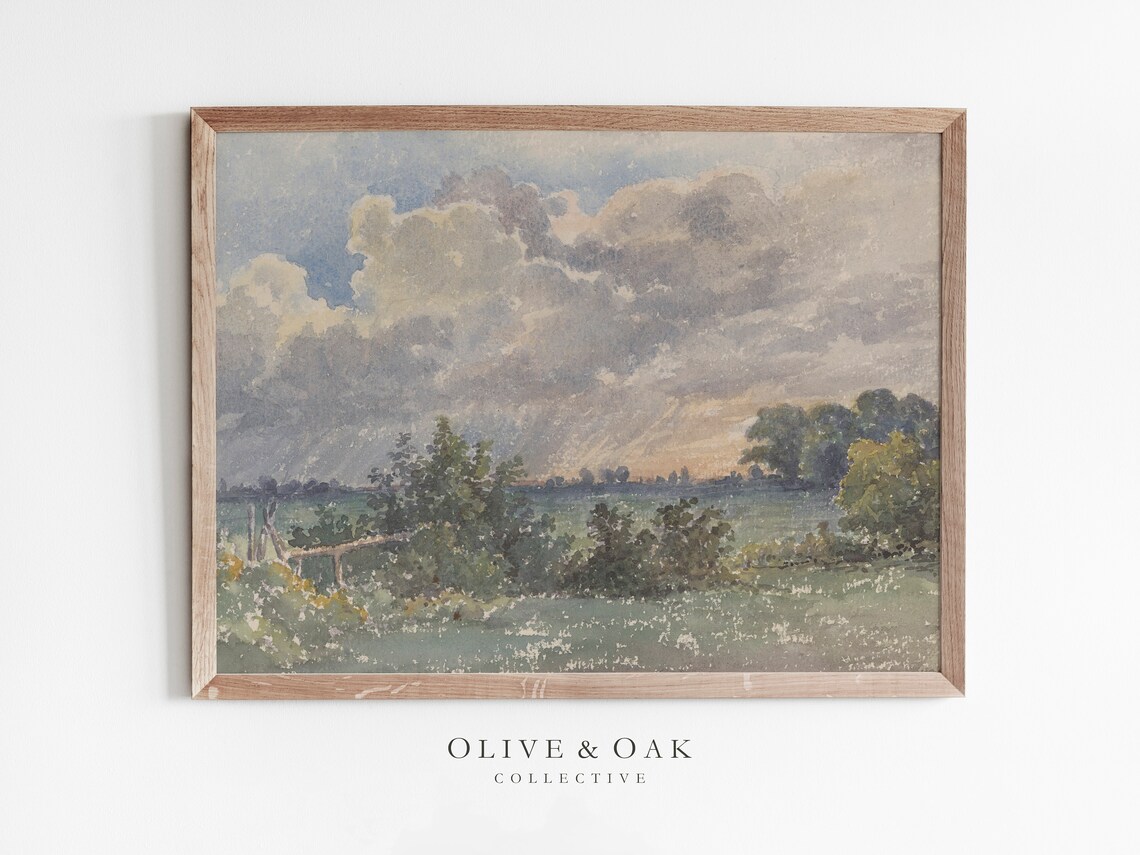 Spring Landscape Painting, Vintage Farmhouse Art Print