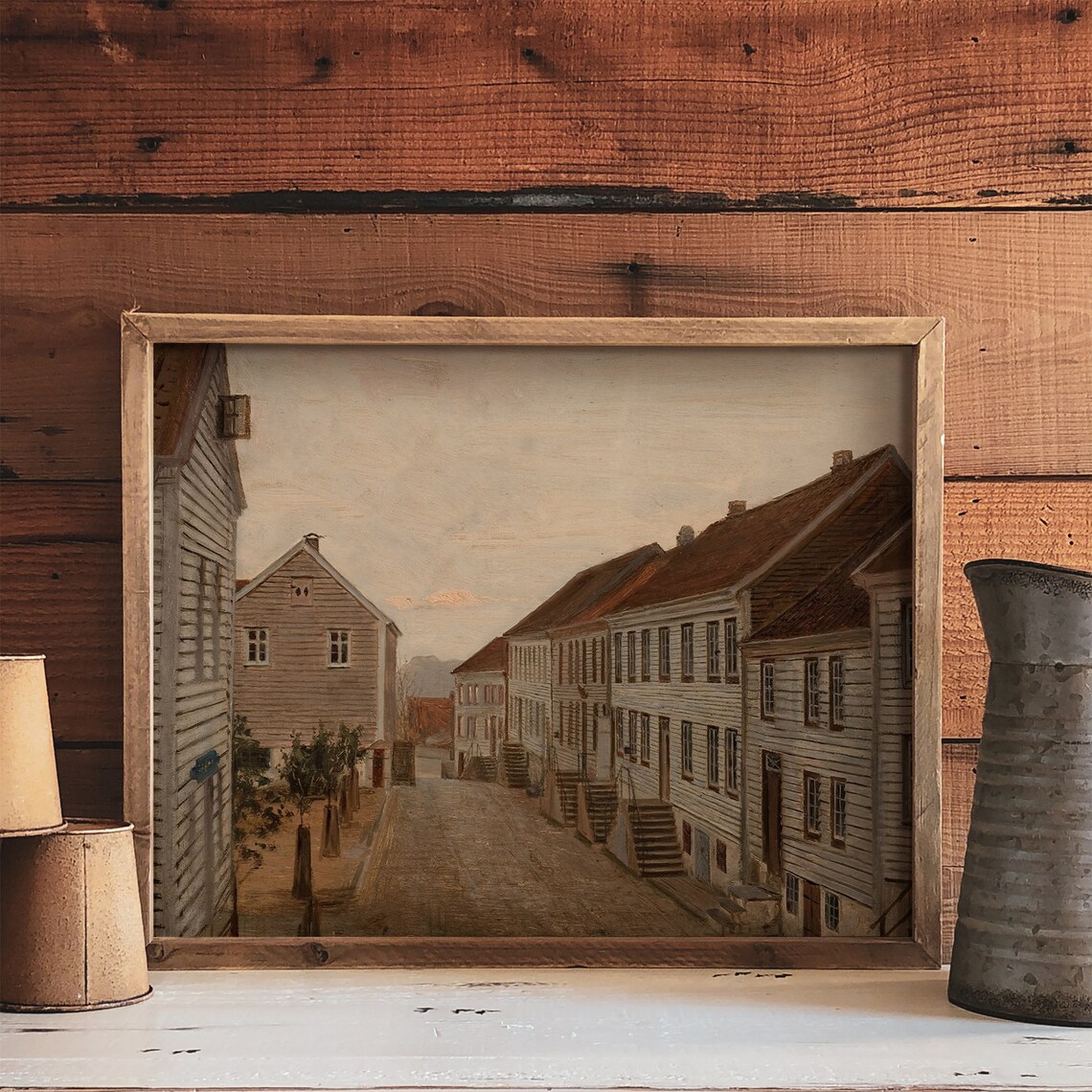 Neutral Village Landscape Art Print, Earth Tones - Image 4