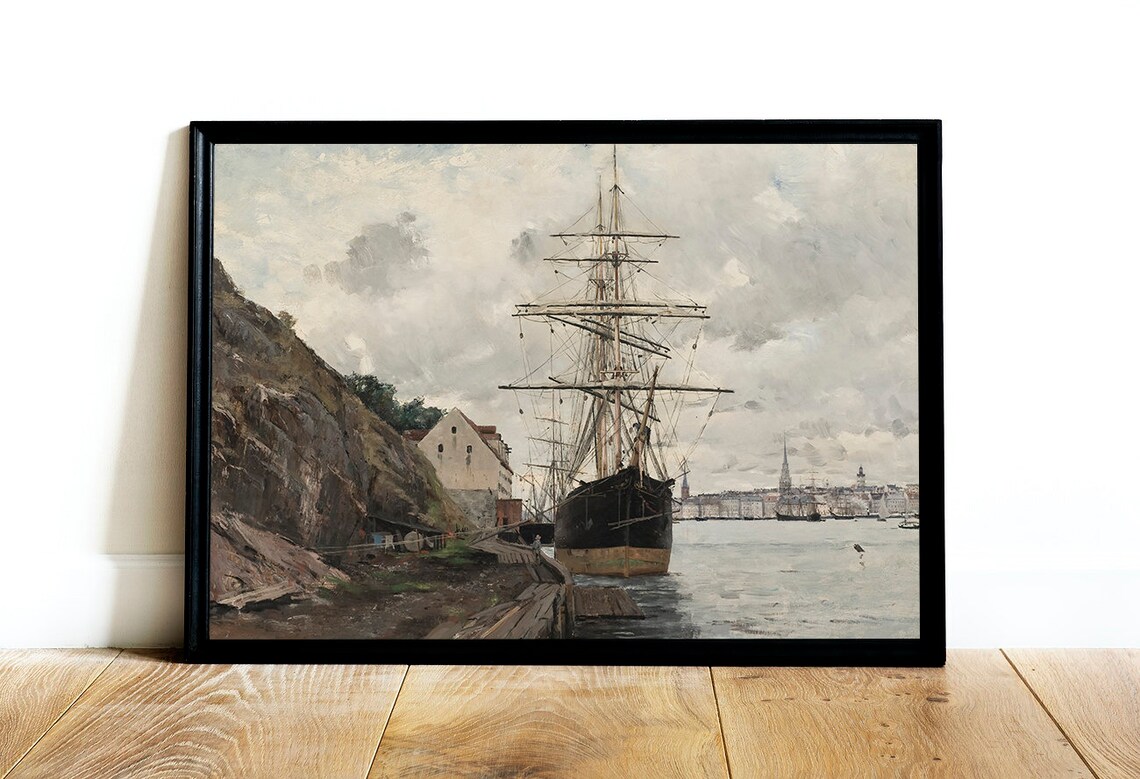 Vintage Nautical Ship Harbor Seascape Art Print - Image 2