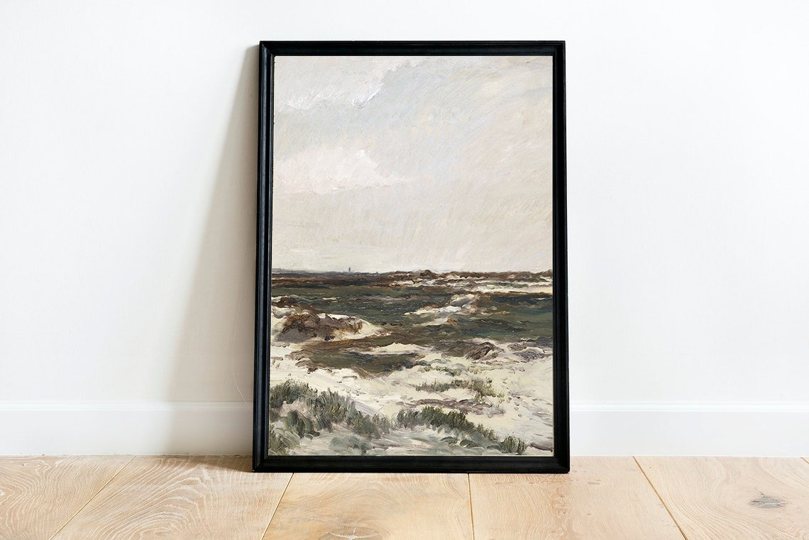 Coastal Farmhouse Vintage Landscape Oil Painting - Image 4