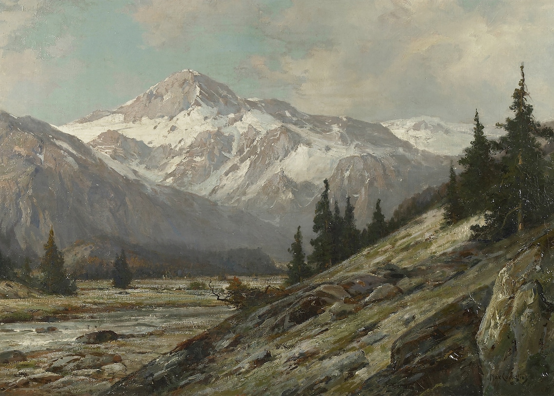 Antique Mountain Painting, Vintage Print - Image 3