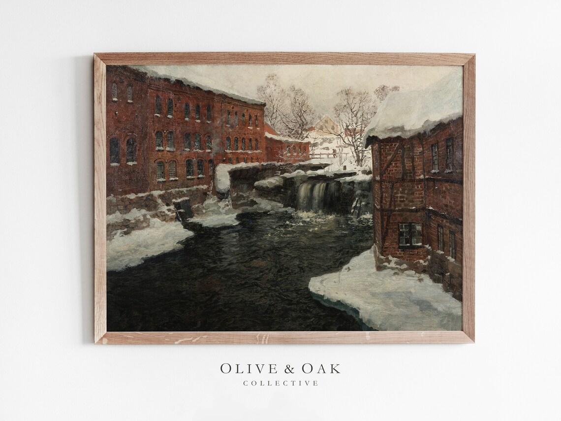 Vintage Winter Landscape, Snowy Cityscape Painting