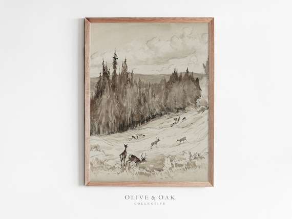 Rustic Deer, Neutral Landscape Art Print, Cabin Decor