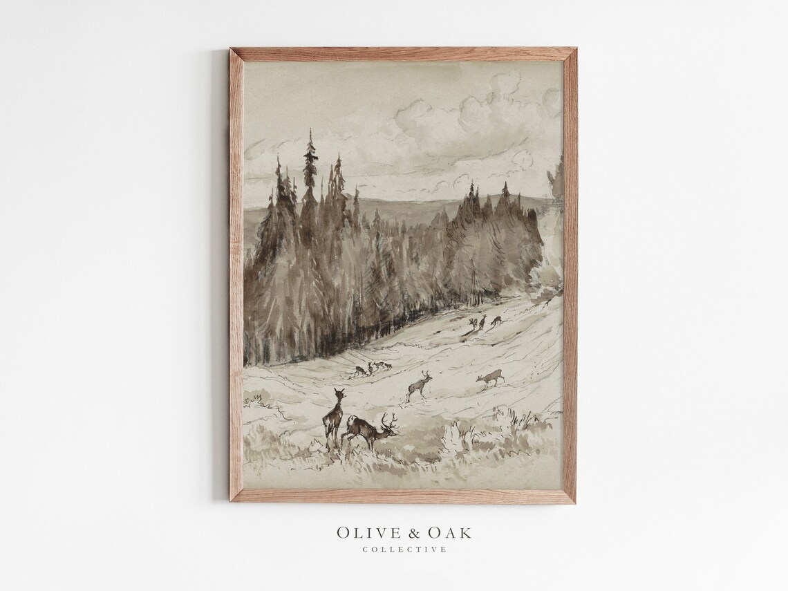Rustic Deer, Neutral Landscape Art Print, Cabin Decor