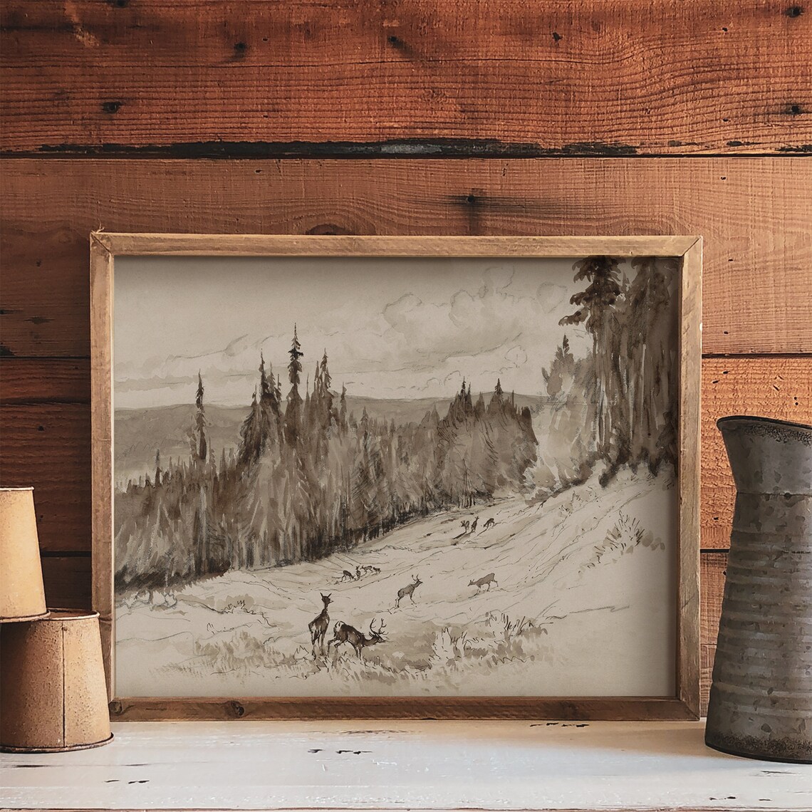 Rustic Landscape Deer Painting, Cabin Decor Art Print - Image 3