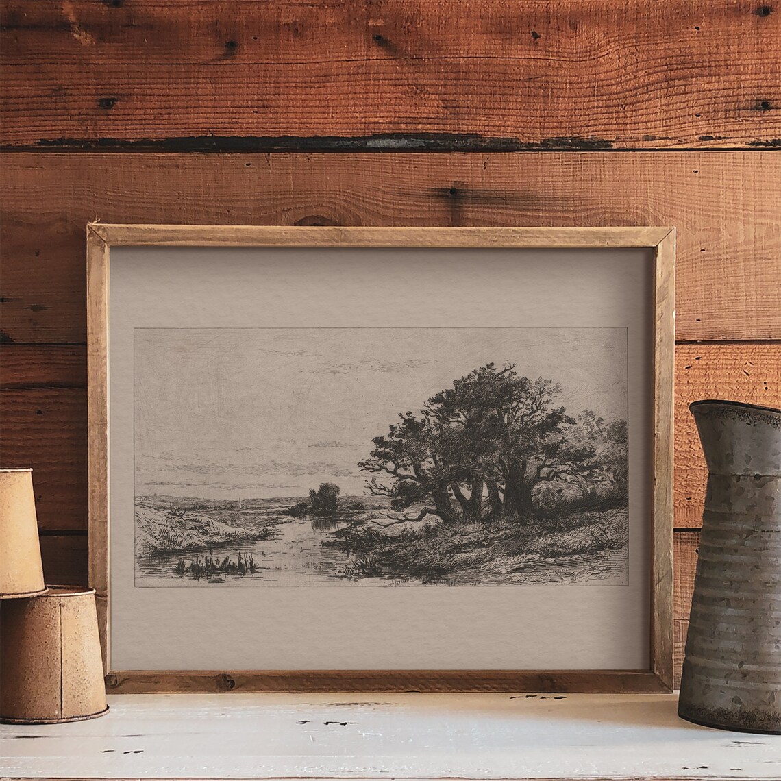 Landscape Sketch Vintage Etching Oak Tree Art Print - Image 4