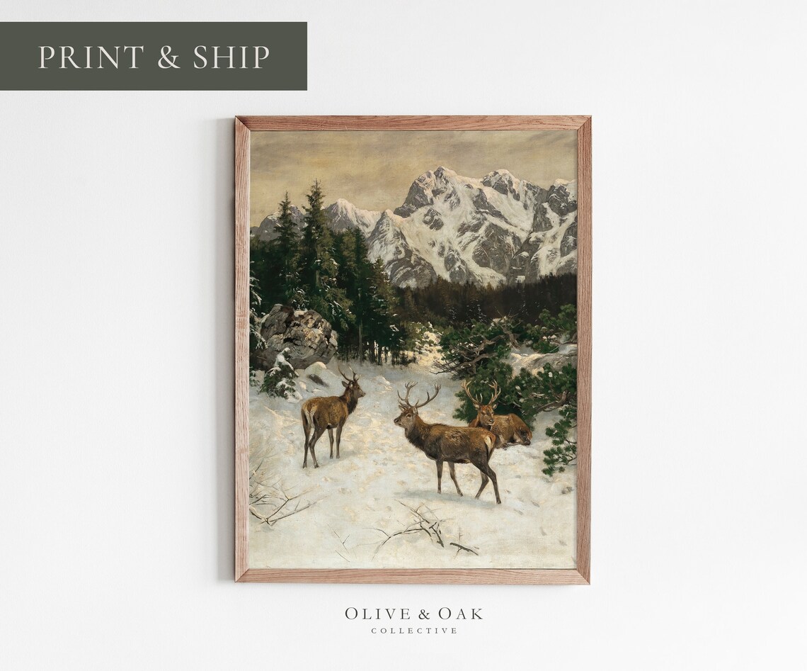 Three Stags in Snowy Mountains Vintage Winter Deer Oil Painting Poster