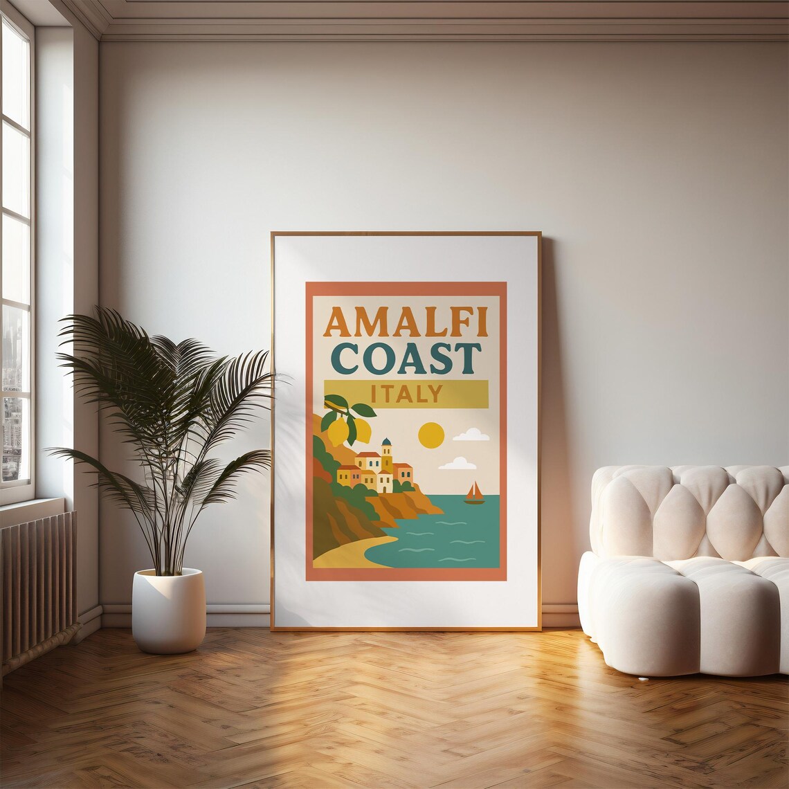 Amalfi Coast Italy Retro Travel Poster Lemon Village Sailboat Sea Art - Image 4
