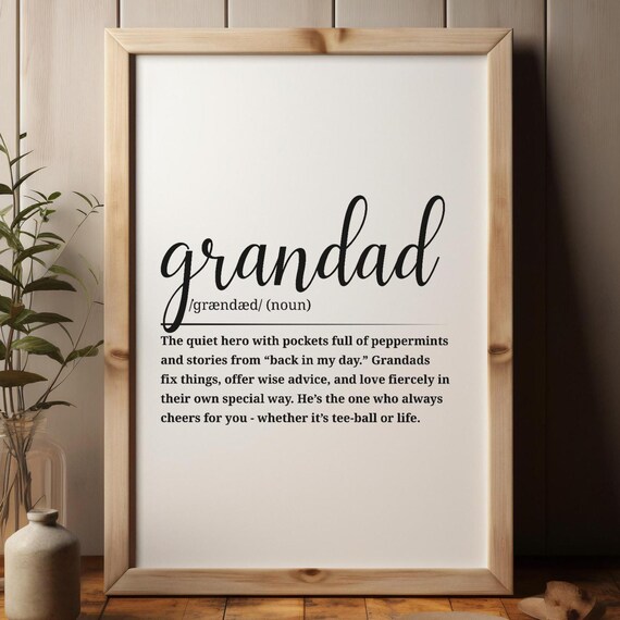 Grandad Definition Poster, Black And White Art Print