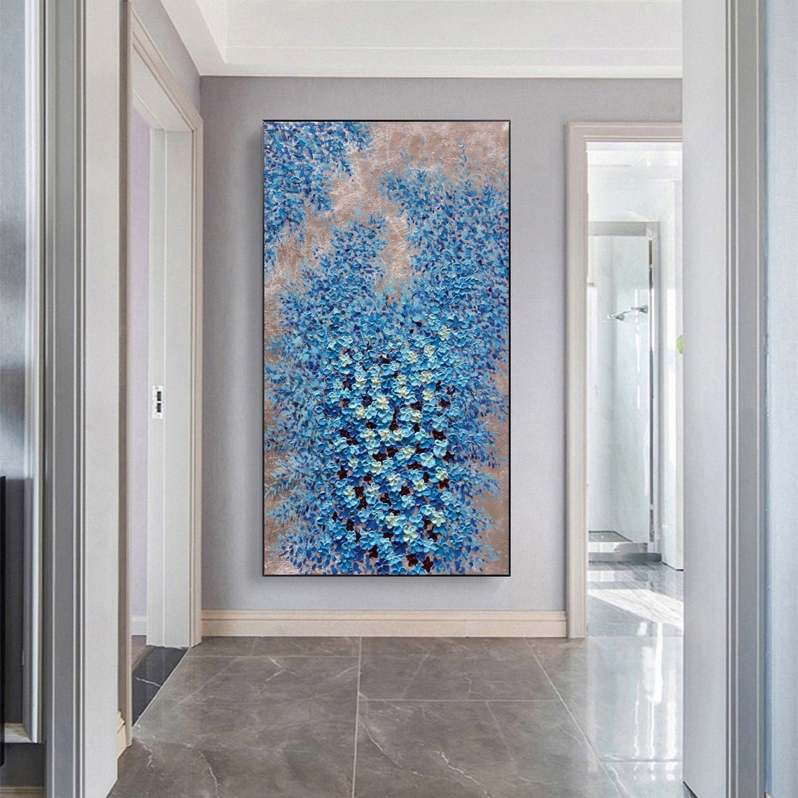 Blue Blossom Flower Wall On Rose Gold Textured Oil Painting Poster - Image 6