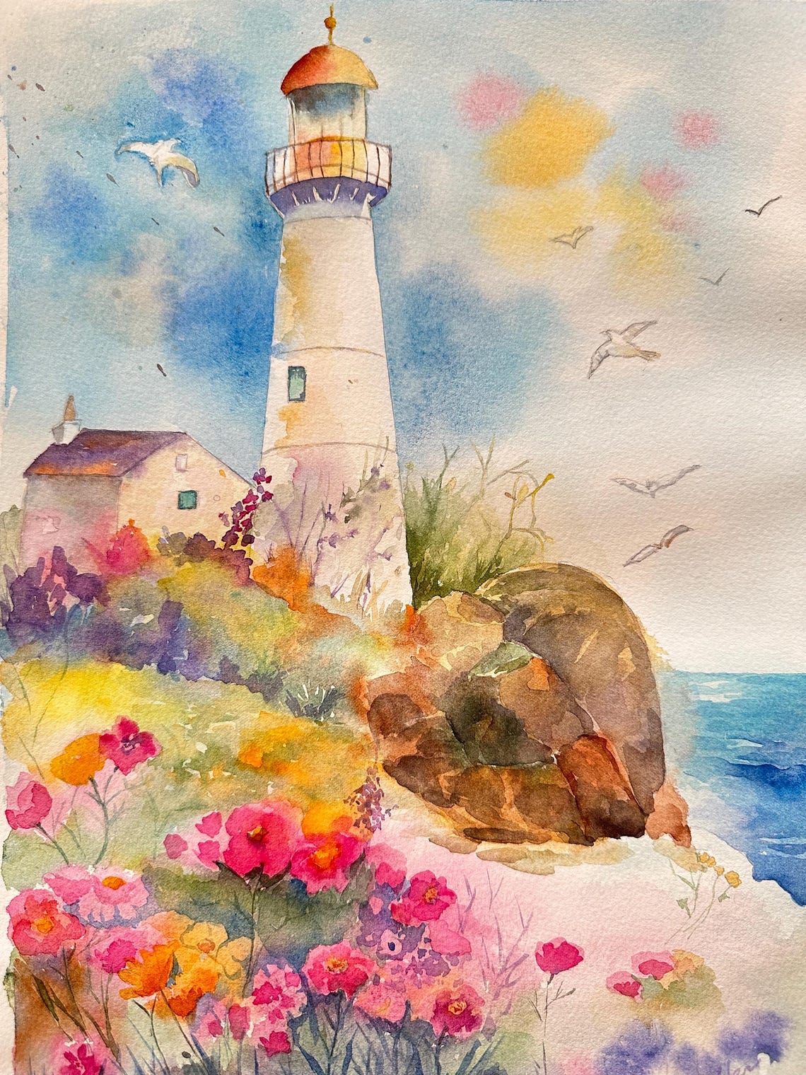 White Lighthouse on a Rocky Wildflower Coast Watercolor Poster - Image 5