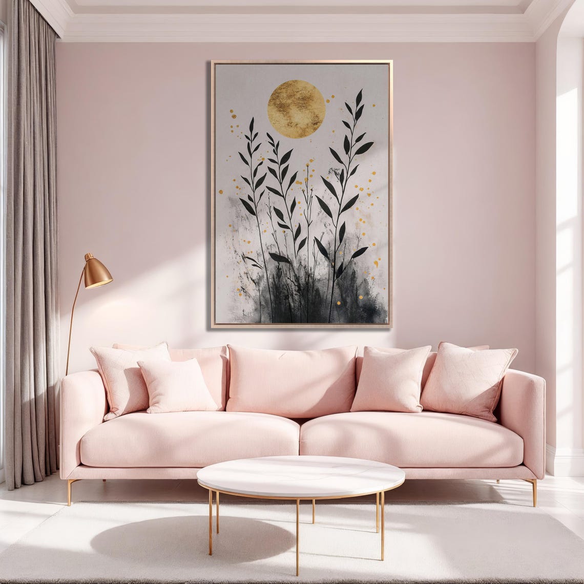 Minimalist Gold Moon With Tall Black Leafy Branches Art Print - Image 2