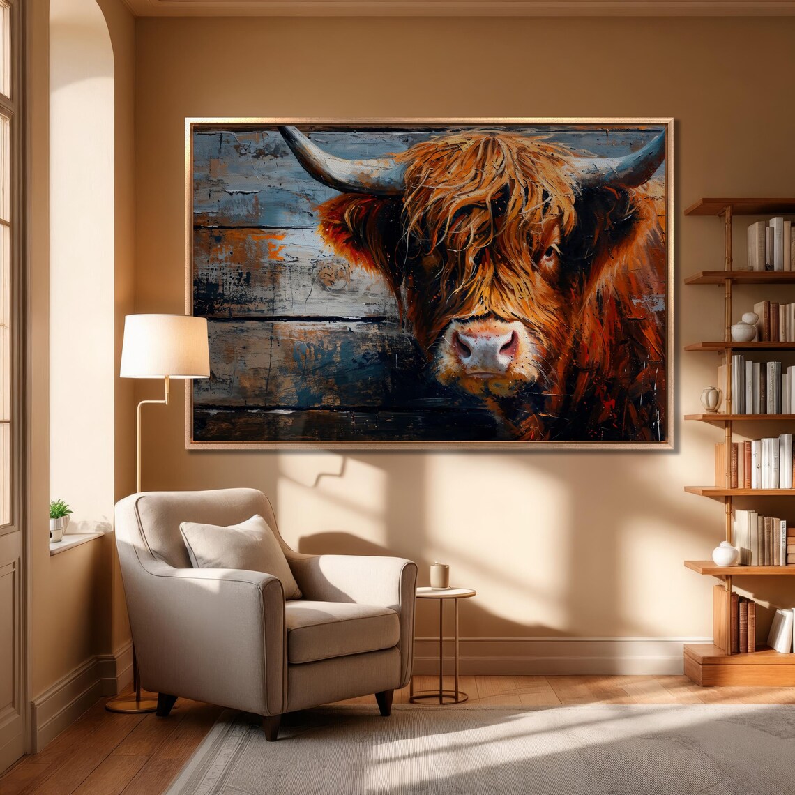 Highland Cow Portrait Against Rustic Wood Wall Farmhouse Art Poster - Image 5
