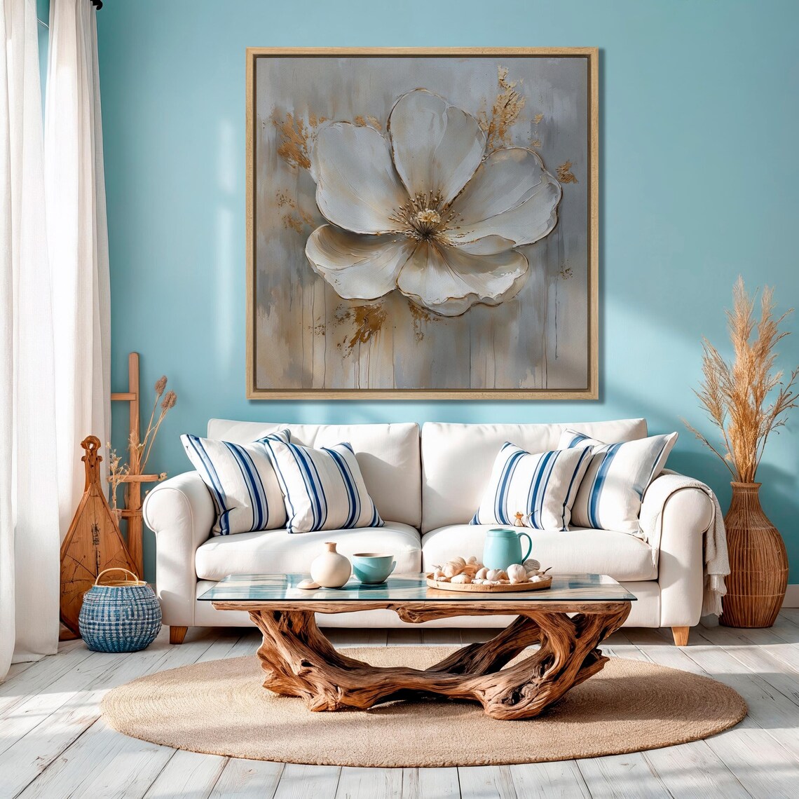 White Blossom With Gold Accents On Gray Impasto Painting Poster - Image 4