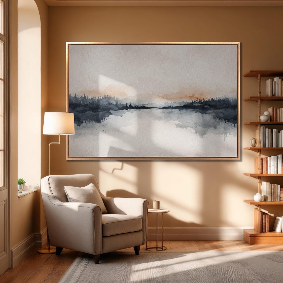 Misty Blue Lake Reflection Watercolor Abstract Landscape Poster - Image 6