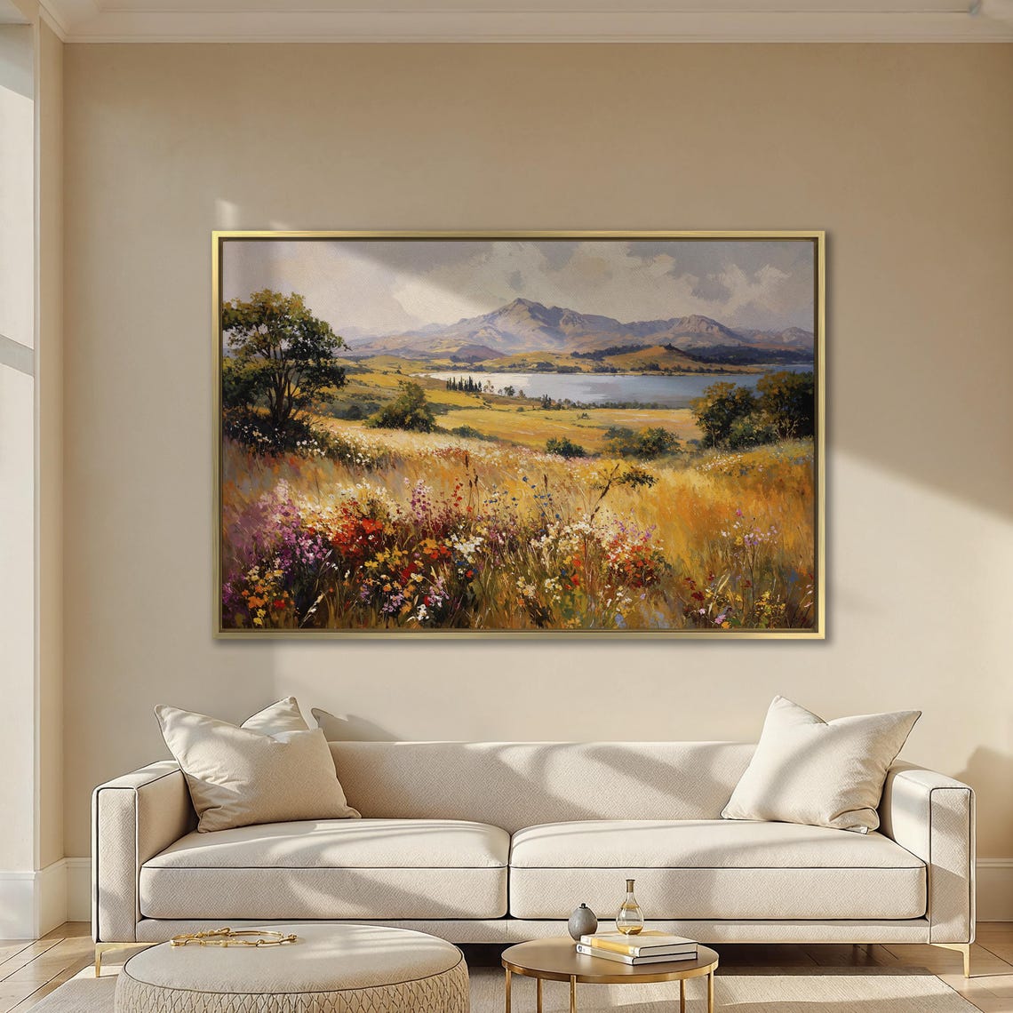 Wildflower Meadow With Golden Hills Lake And Mountains Poster - Image 2