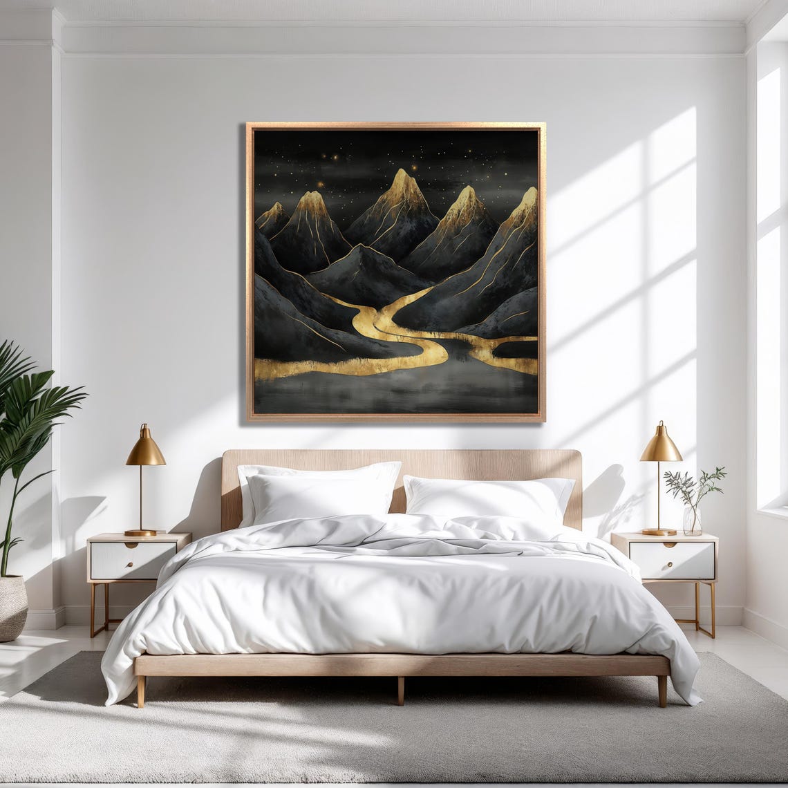 Starry Night Black Mountain Peaks with Golden River Valley Poster - Image 4