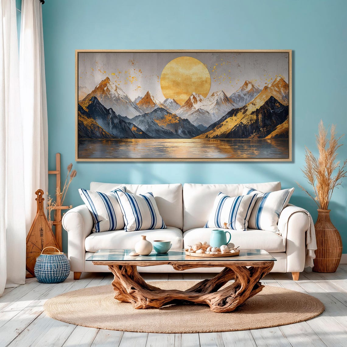 Golden Moon Hanging Over Mountain Peaks With Warm Glow Lake Poster - Image 2