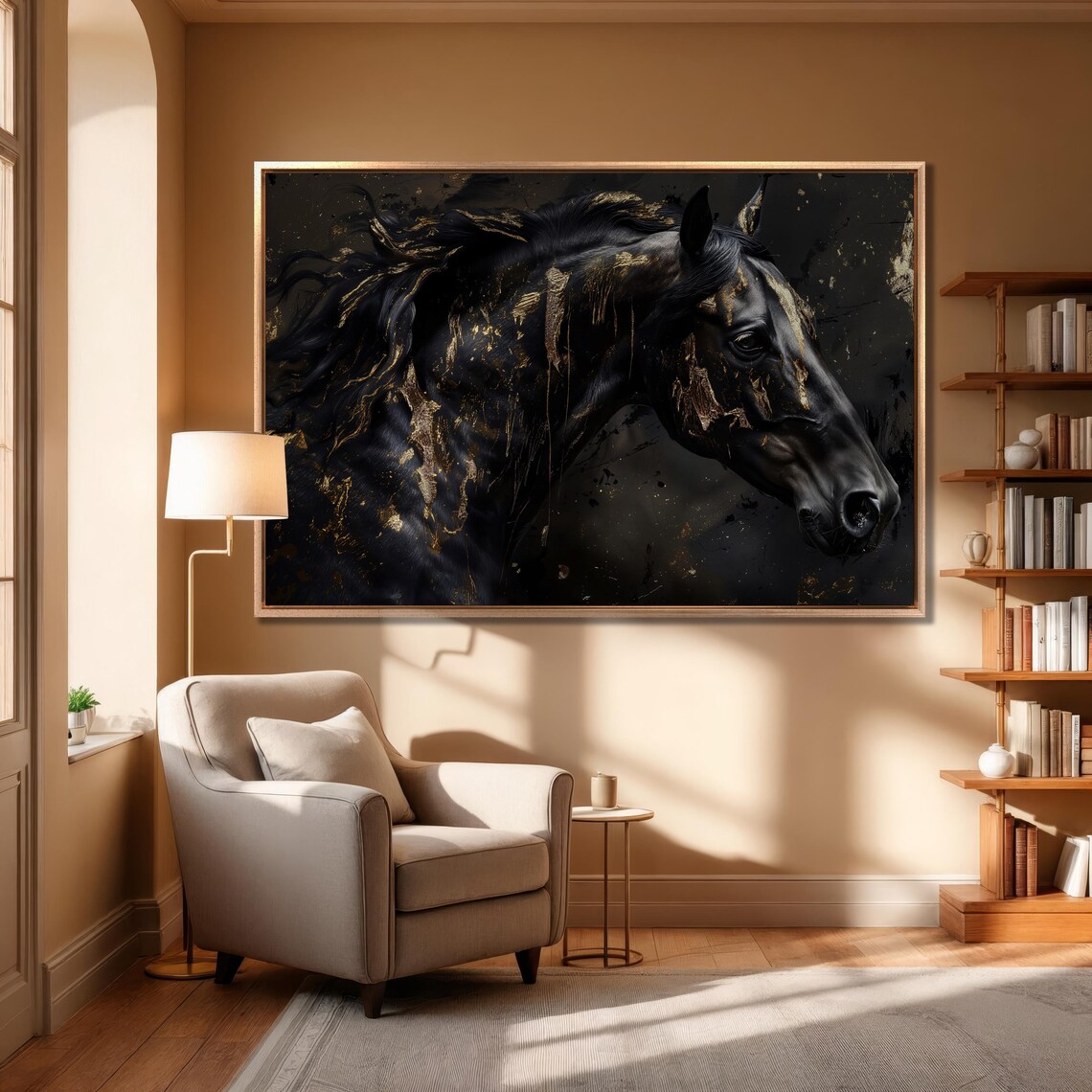 Black Horse Close Up With Gold Paint Drips Noble Equine Poster - Image 3