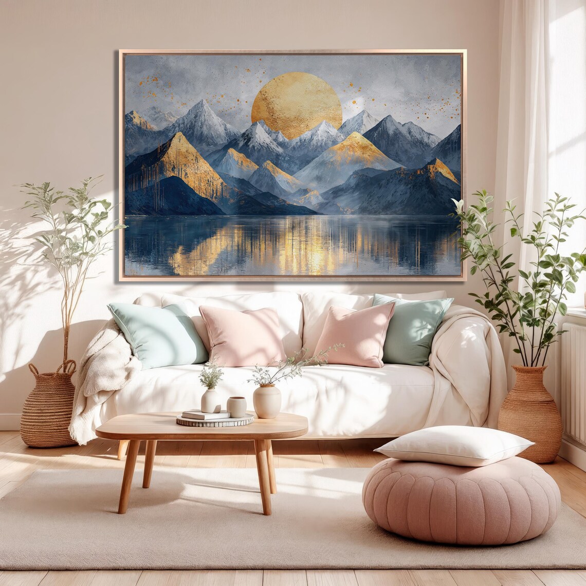 Golden Sun Rising Over Snowy Mountains With Lake Reflection Poster - Image 2