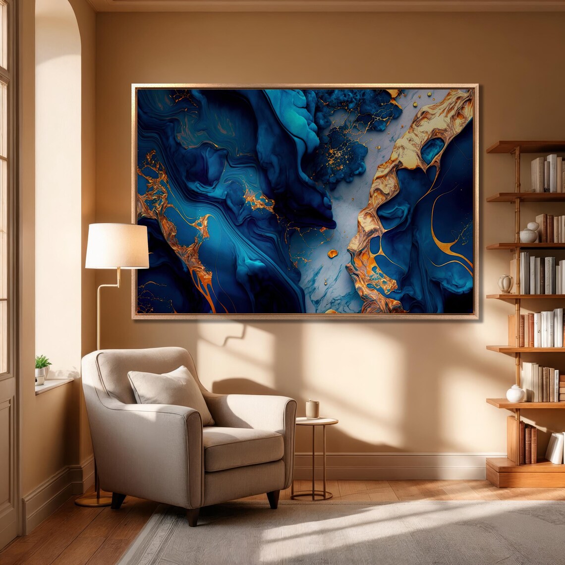 Blue and Gold Textured Marble Abstract Art Print - Image 3