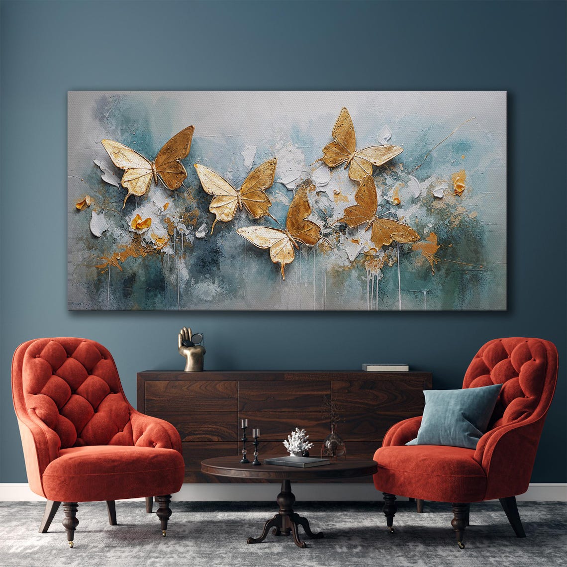 Golden Butterflies 3D Effect Teal Textured Abstract Wall Art - Image 5
