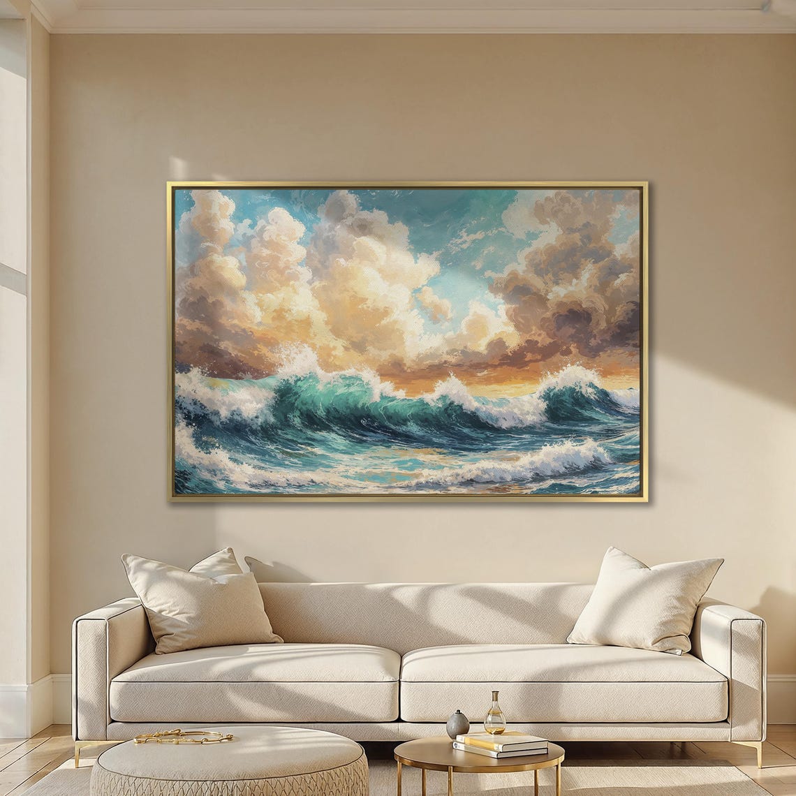 Turquoise Waves At Sunset With Golden Clouds Seascape Poster - Image 2