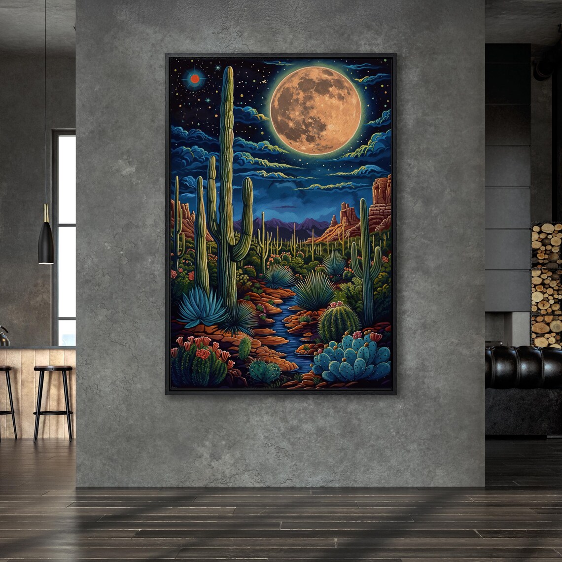 Full Moon Desert Night Saguaro Cactus Landscape Painting Poster - Image 5