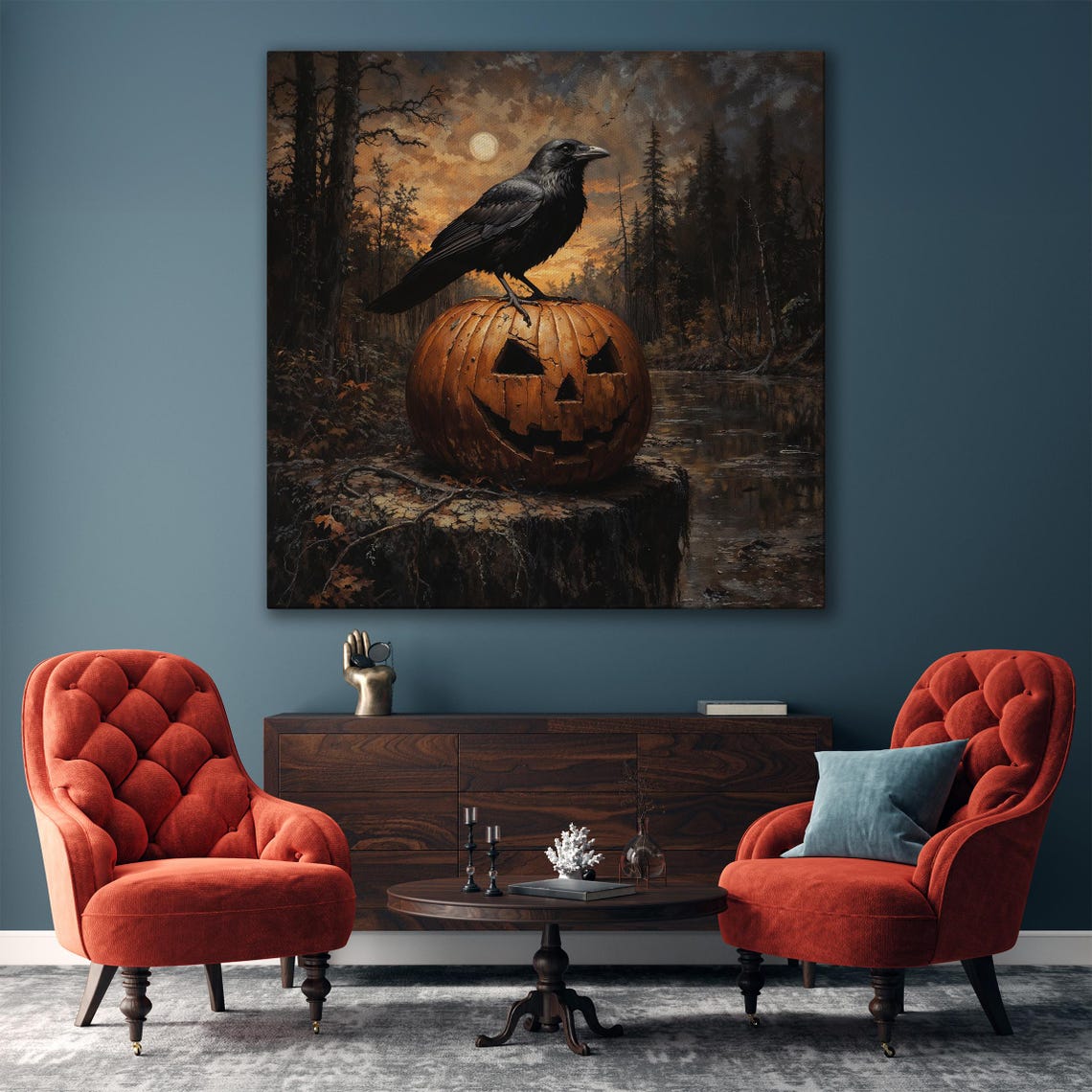Halloween Crow Perched On Jack O Lantern Moonlit River Poster - Image 6