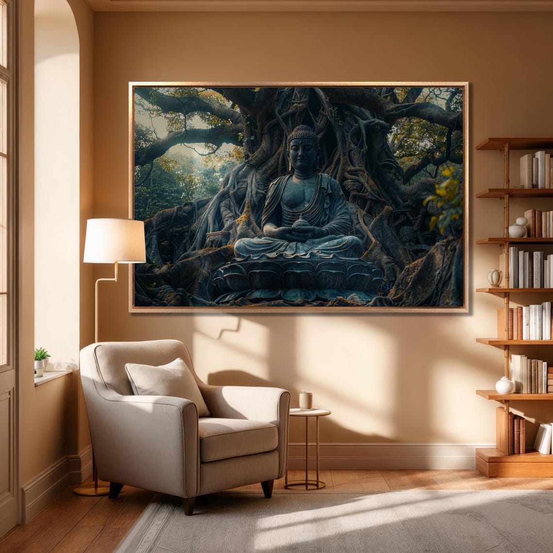 Buddha Statue Meditating Beneath Ancient Banyan Tree Roots Poster - Image 5