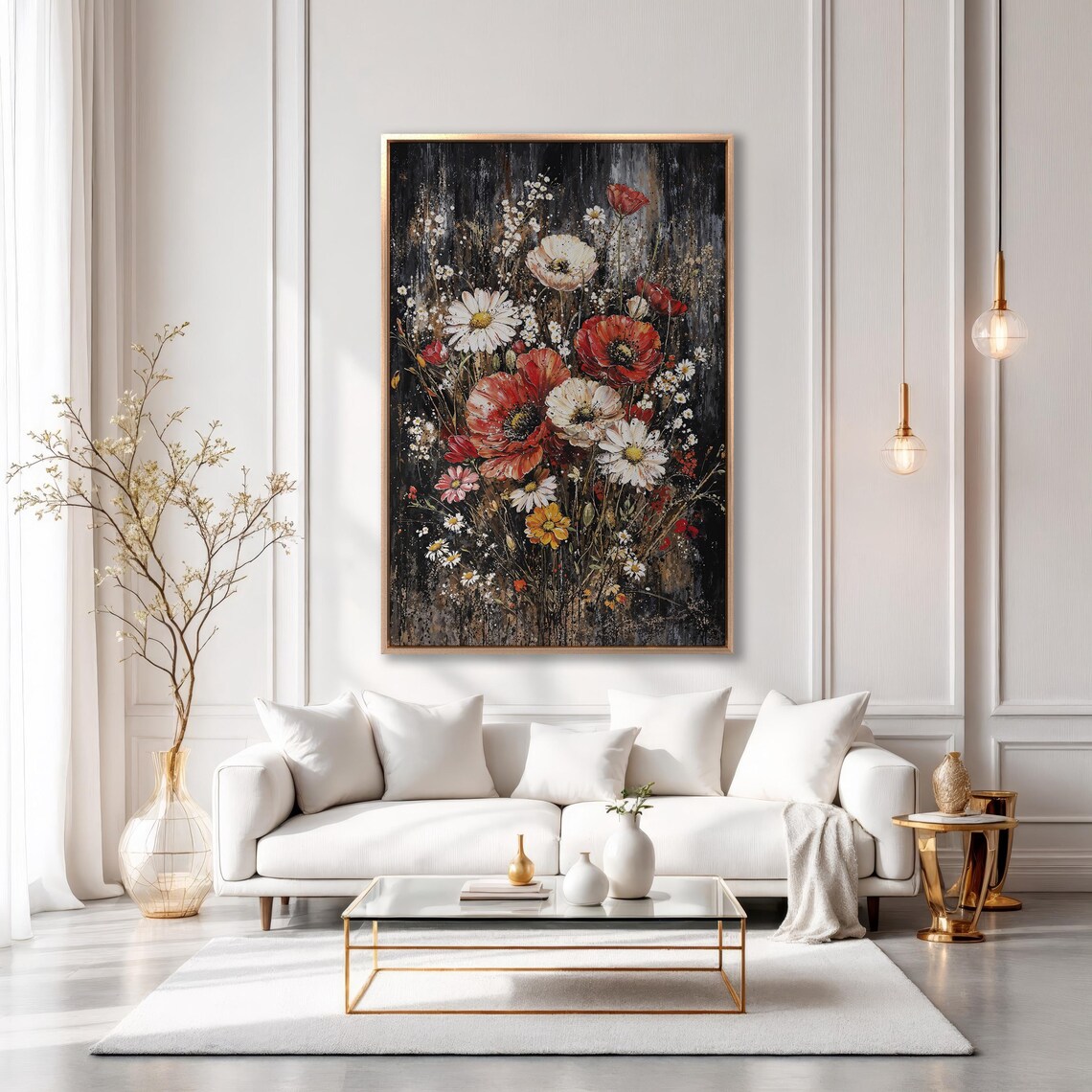 Red Poppies and White Daisies Wildflower Bouquet on Black Poster - Image 6