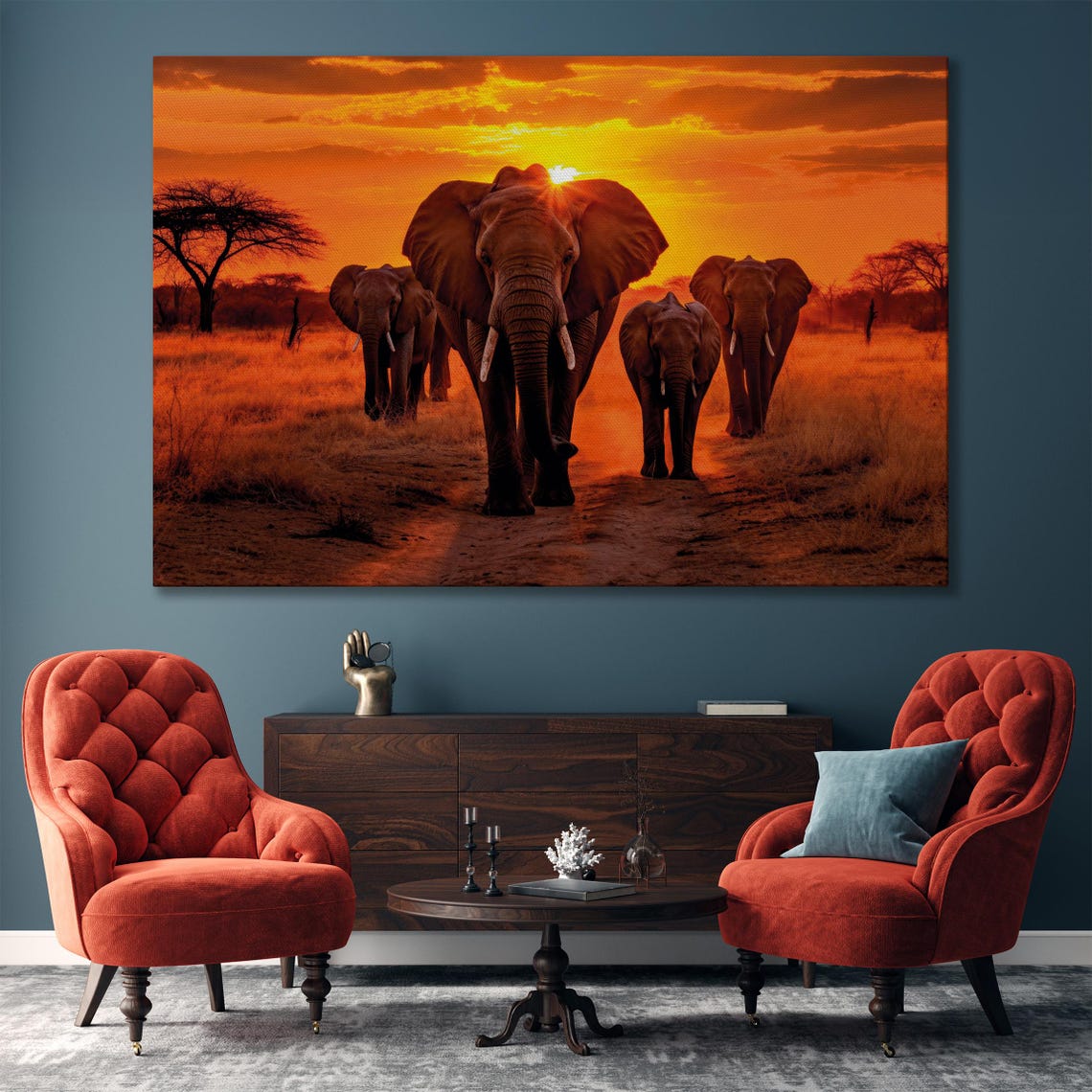 African Elephants Herd Walking Sunset Savanna Wildlife Large Wall Art - Image 4