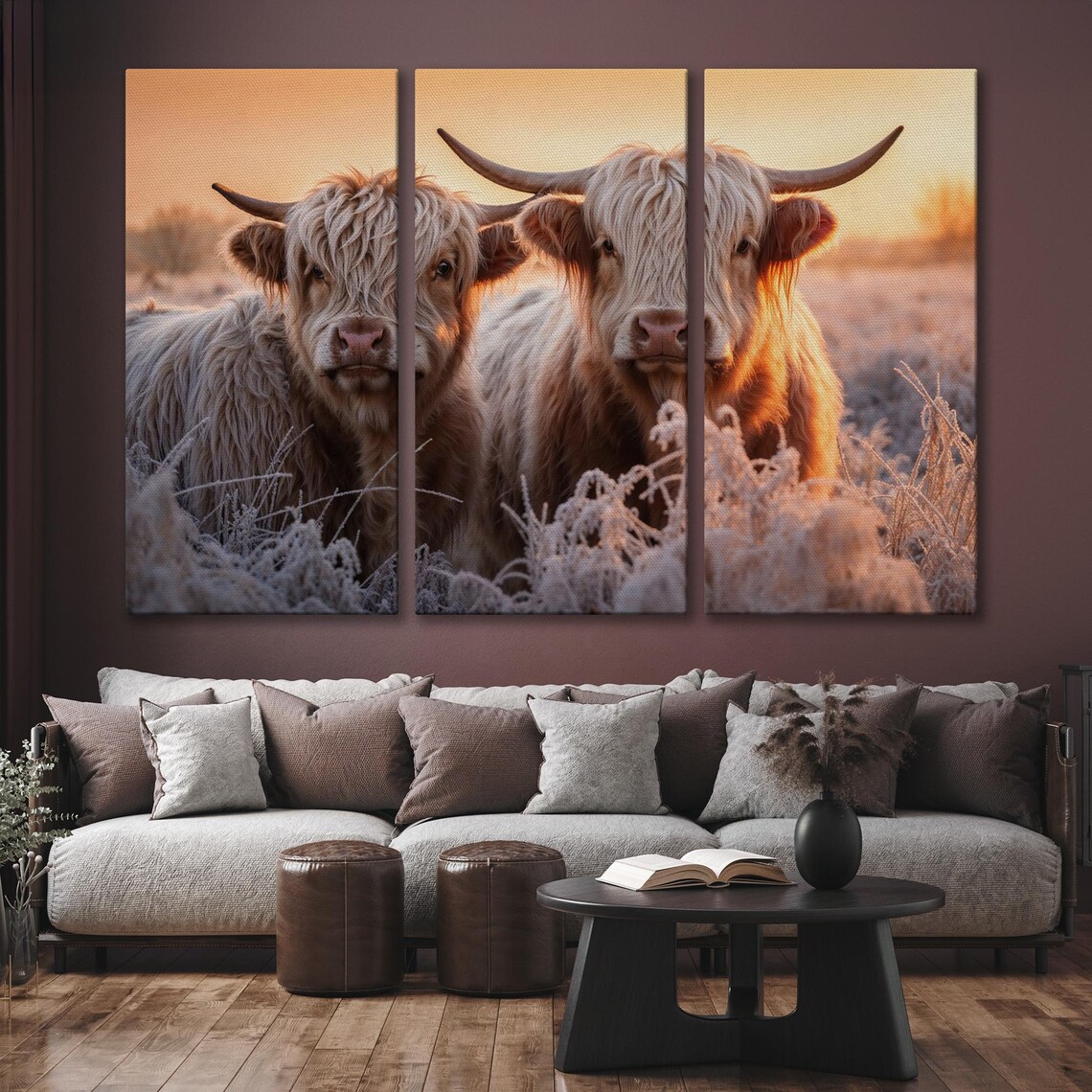 Pair Of White Highland Cows In Frosty Field At Golden Sunset Poster - Image 6