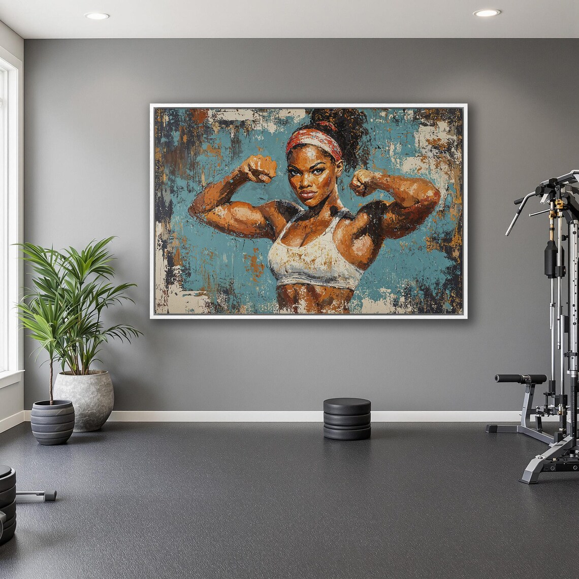 Muscular Black Woman Flexing Biceps Against Vibrant Teal Backdrop Poster - Image 5