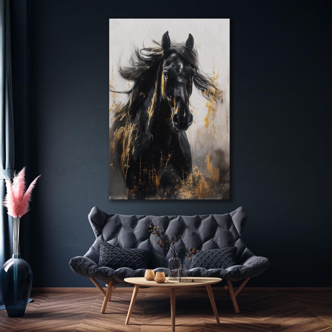 Black Stallion With Flowing Mane Vertical Equine Portrait Art Poster - Image 2
