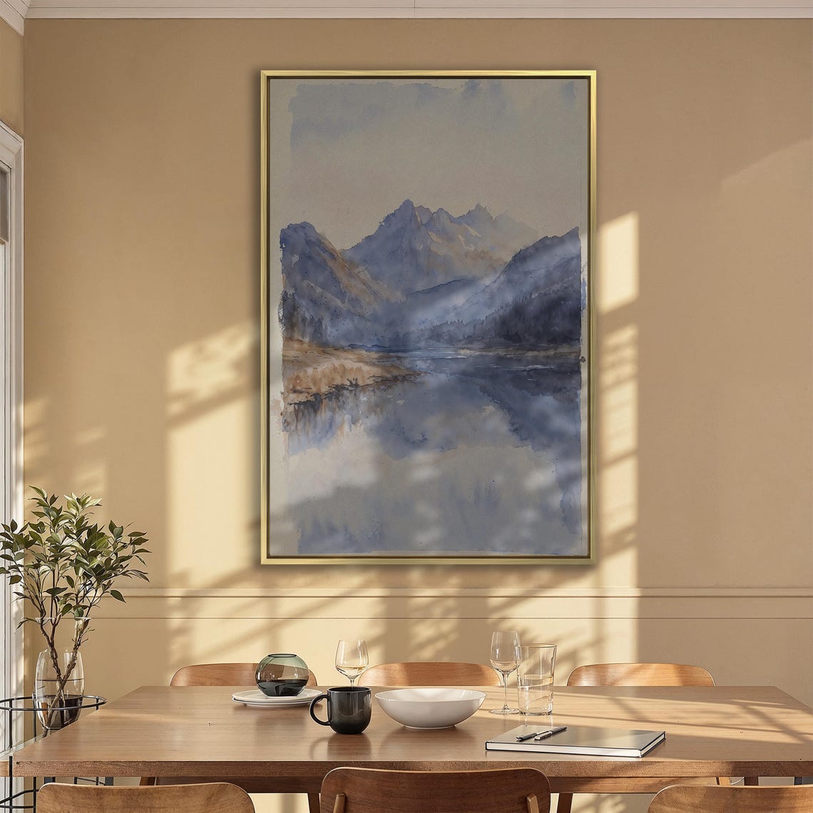 Misty Blue Mountain Lake Reflection Watercolor Landscape Poster - Image 2