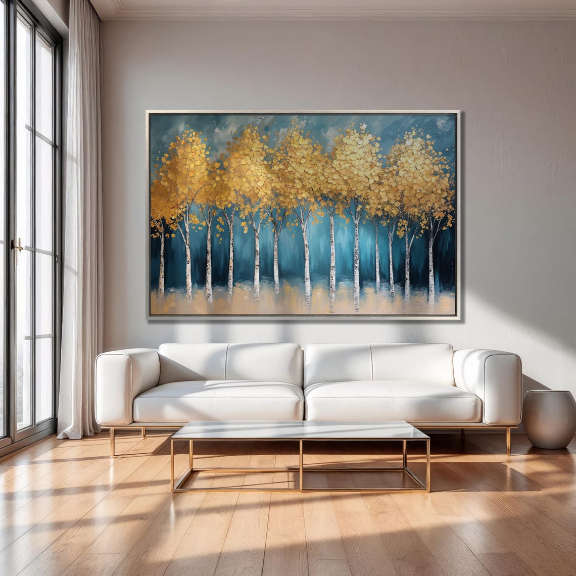 Golden Canopy Birch Trees by Teal Water Reflection Elegant Art Poster - Image 2