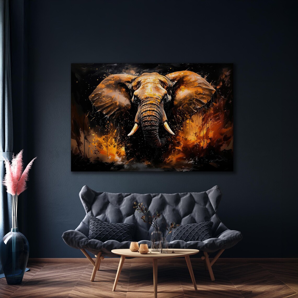 African Elephant Fiery Orange Brushstrokes Safari Portrait Wall Art - Image 4
